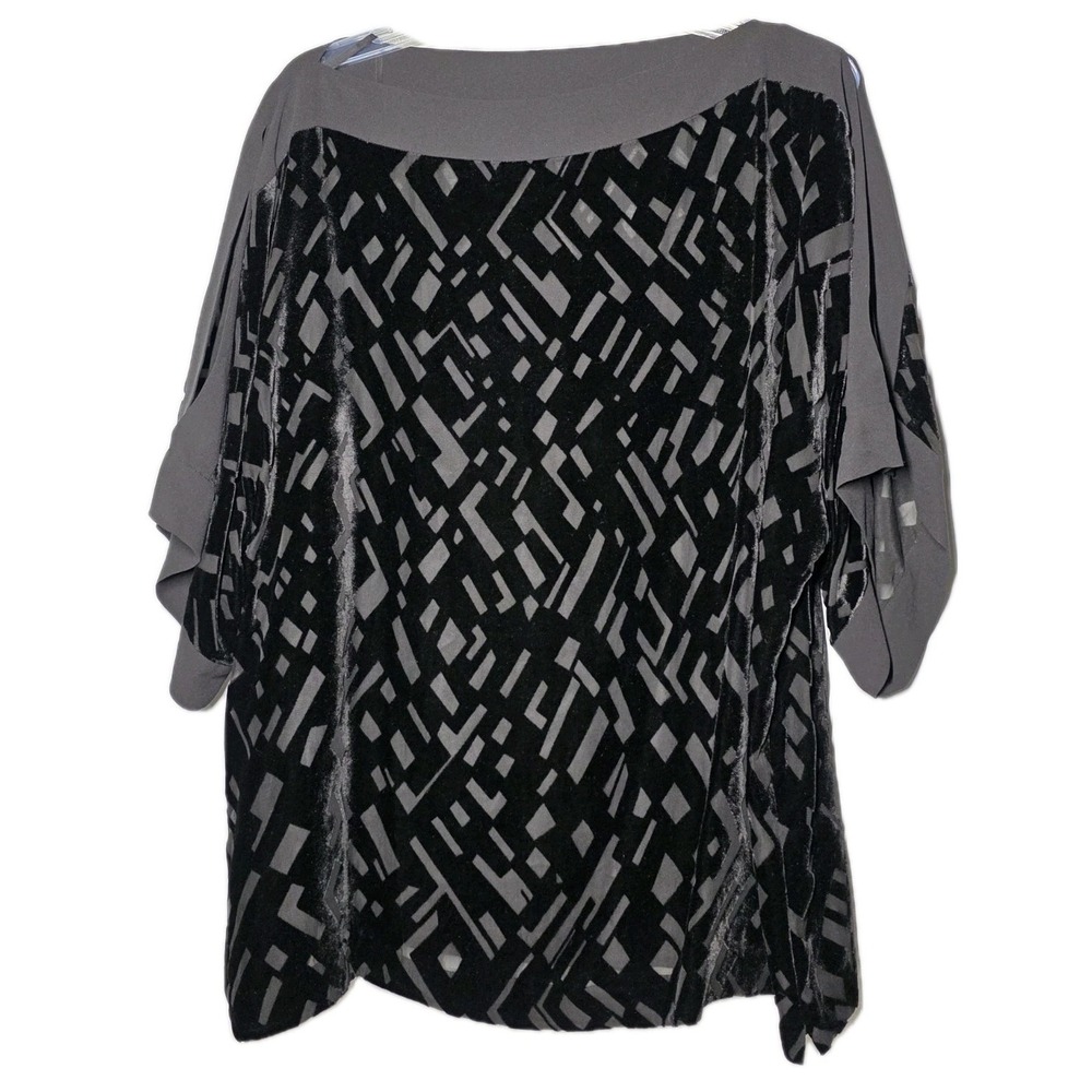 Eileen Fisher Semi Sheer Velvet Burnout‎ Blouse 100% Silk Sz Large Cutout Sleeve